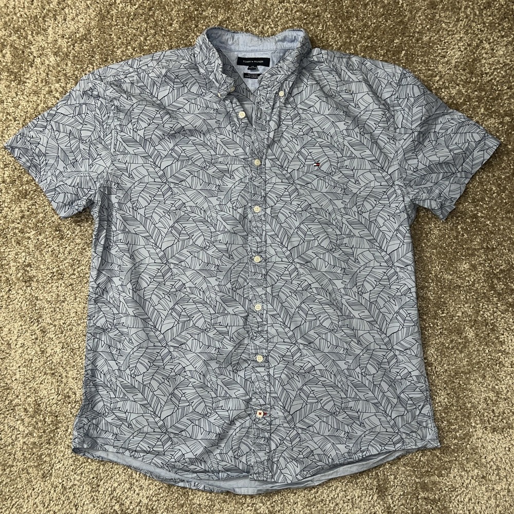 Tommy Hilfiger Mens XXL Short Sleeve Button Down Shirt Blue Leaf Print Custom